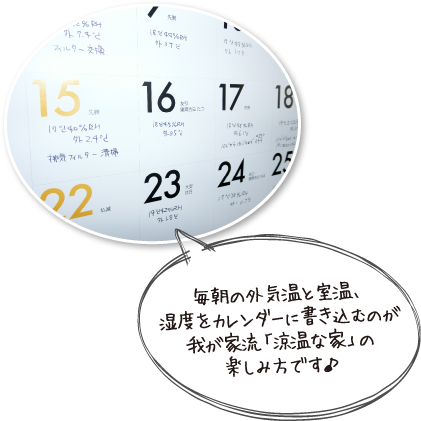 毎朝の外気温と室温、湿度をカレンダーに書き込むのが我が家流「涼温な家」の楽しみ方です♪