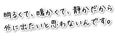 明るくて、暖かくて、静かだから外に出たいと思わないんです。