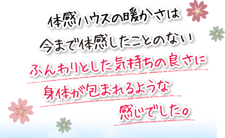 体感ハウスの暖かさは今まで体感したことのないふんわりとした気持ちの良さに身体が包まれるような感じでした。